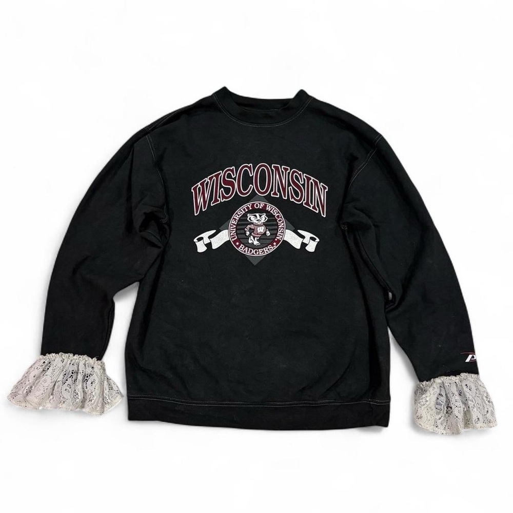 Urban Renewal University of Wisconsin Sweatshirt Crochet Lace Bell Cuffs